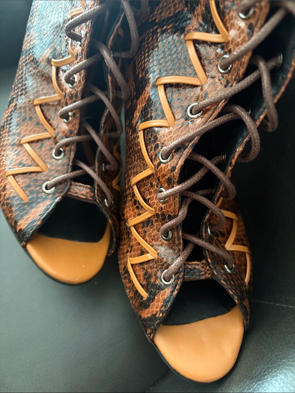 Women’s Brown Faux Snakeskin Lace-Up Peep-Toe High Heel Boot - Picture 4 of 6